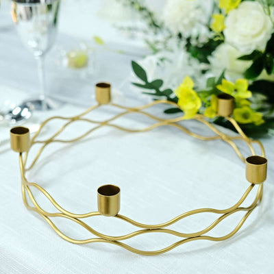5 Arm Gold Metal Taper Candle Wreath Candelabra 12" Round Design - Decorative Centerpiece for Weddings