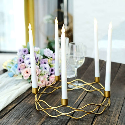 5 Arm Gold Metal Taper Candle Wreath Candelabra 12" Round Design - Decorative Centerpiece for Weddings