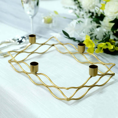 4 Arm Gold Metal Taper Candle Wreath Candelabra 12"x8" Rectangular Design - Wedding Table Centerpiece