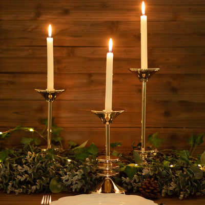 Set of 3 Gold Metal Taper Candlestick Holders 9", 11", 13" 3 Disk Pedestal - Stable Candle Stands