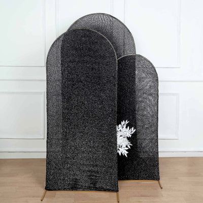 Black Shimmer Tinsel Spandex Wedding Arch Cover For Fitted Round Top Chiara Backdrop Stand 6ft