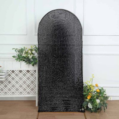 Black Shimmer Tinsel Spandex Wedding Arch Cover For Fitted Round Top Chiara Backdrop Stand 6ft