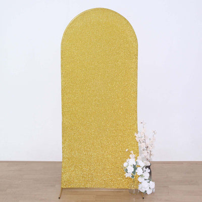 Gold Shimmer Tinsel Spandex Wedding Arch Cover For Fitted Round Top Chiara Backdrop Stand 6ft