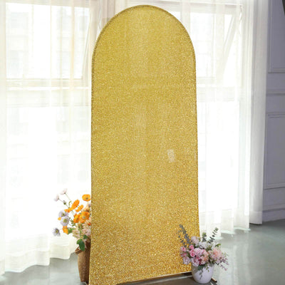 Gold Shimmer Tinsel Spandex Wedding Arch Cover For Fitted Round Top Chiara Backdrop Stand 6ft