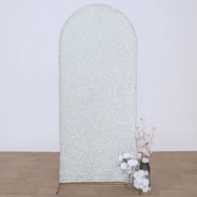 Silver Shimmer Tinsel Spandex Wedding Arch Cover For Fitted Round Top Chiara Backdrop Stand 6ft