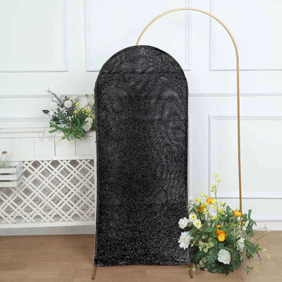 Black Shimmer Tinsel Spandex Wedding Arch Cover For Fitted Round Top Chiara Backdrop Stand 5ft