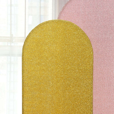 Gold Shimmer Tinsel Spandex Wedding Arch Cover For Fitted Round Top Chiara Backdrop Stand 5ft