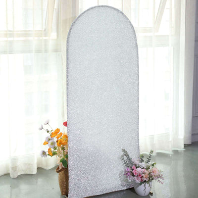 Silver Shimmer Tinsel Spandex Wedding Arch Cover For Fitted Round Top Chiara Backdrop Stand 5ft