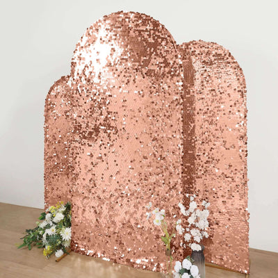 Sparkly Rose Gold Double Sided Big Payette Sequin Fitted Wedding Arch Cover For Round Top Chiara Backdrop Stand 7ft