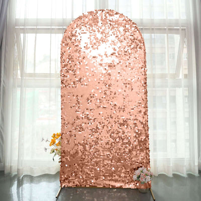 Sparkly Rose Gold Double Sided Big Payette Sequin Fitted Wedding Arch Cover For Round Top Chiara Backdrop Stand 7ft
