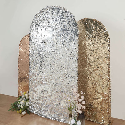 Sparkly Silver Double Sided Big Payette Sequin Fitted Wedding Arch Cover For Round Top Chiara Backdrop Stand 7ft