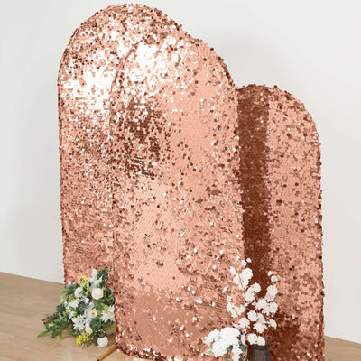 Sparkly Rose Gold Double Sided Big Payette Sequin Fitted Wedding Arch Cover For Round Top Chiara Backdrop Stand 6ft