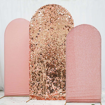 Set of 3 Rose Gold Round Top Fitted Backdrop Stand Covers, Big Payette Sequin, Shimmer Tinsel and Matte Spandex Wedding Arch Frame Covers