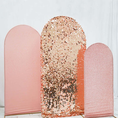 Set of 3 Rose Gold Round Top Fitted Backdrop Stand Covers, Big Payette Sequin, Shimmer Tinsel and Matte Spandex Wedding Arch Frame Covers