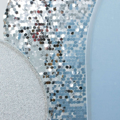 Set of 3 Dusty Blue / Silver Round Top Fitted Backdrop Stand Covers, Big Payette Sequin, Shimmer Tinsel and Matte Spandex Wedding Arch Frame Covers