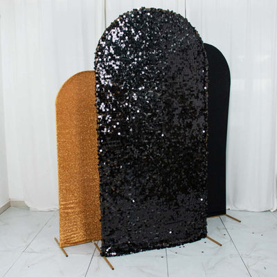 Set of 3 Black / Gold Round Top Fitted Backdrop Stand Covers, Big Payette Sequin, Shimmer Tinsel and Matte Spandex Wedding Arch Frame Covers