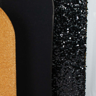 Set of 3 Black / Gold Round Top Fitted Backdrop Stand Covers, Big Payette Sequin, Shimmer Tinsel and Matte Spandex Wedding Arch Frame Covers
