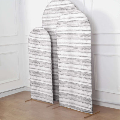 Set of 3 White Rustic Wood Plank Pattern Spandex Fitted Wedding Arch Covers For Round Top Chiara Backdrop Stands 5ft, 6ft, 7ft