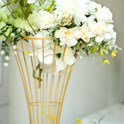 Gold Metal Wire Trumpet Shaped Flower Centerpiece Stand, Hourglass Open Frame Reversible Pedestal Prop 36" Tall