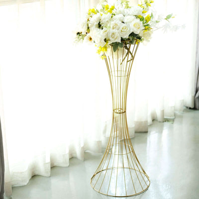 Gold Metal Wire Trumpet Shaped Flower Centerpiece Stand, Hourglass Open Frame Reversible Pedestal Prop 36" Tall