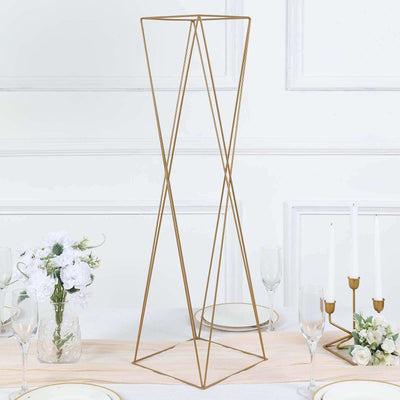 2-Pack Metal Pedestal Stands 32" Gold Geometric Crisscross Design - Open Column Wedding Centerpieces