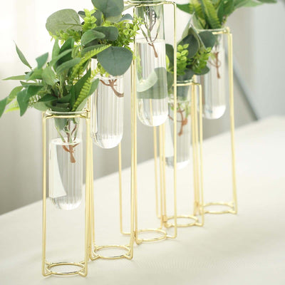 Set of 5 Gold Frame Test Tube Hydroponic Vases 12" Conjoined Geometric Design - Wedding Centerpieces