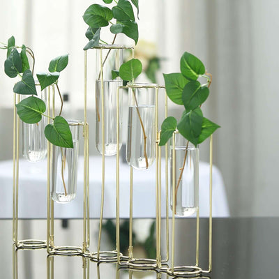 Set of 5 Gold Frame Test Tube Hydroponic Vases 12" Conjoined Geometric Design - Wedding Centerpieces