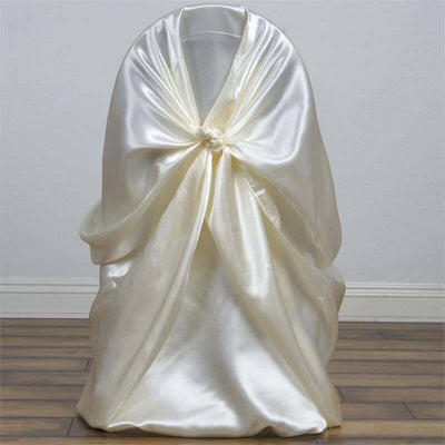 Satin Self-Tie Universal Chair Cover Ivory - Reusable Slip-On Slipcover for Folding, Dining, Banquet & Standard Size Chairs