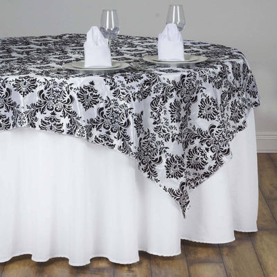 Flocking Square Table Overlay 60"x60" Black Damask Design - Sophisticated Decor for Banquets and Receptions