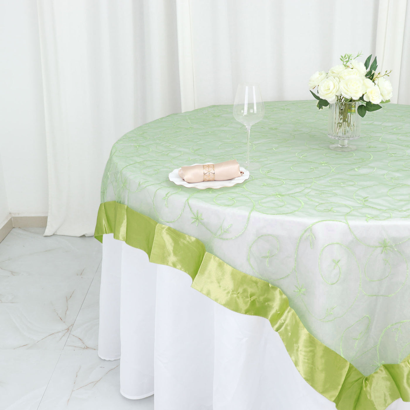 Apple Green Embroidered Organza Table Overlay | eFavormart.com