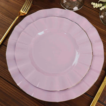 10 Pack Lavender Lilac Hard Plastic Dinner Plates with Gold Ruffled Rim, Heavy Duty Disposable Dinnerware 9"