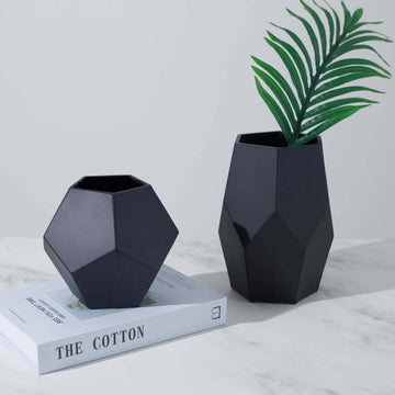 Set of 2 Matte Black Modern Geometric Flower Vases, Pentagon Glass Candle Holders 5",8"