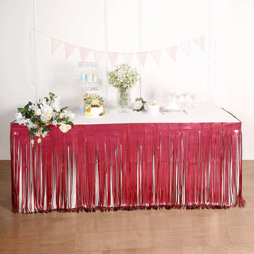 Matte Red Metallic Foil Fringe Table Skirt, Self Adhesive Tinsel Table Skirt 30"x9ft