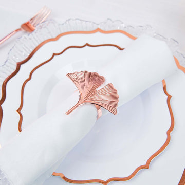 4 Pack Metallic Rose Gold Ginkgo Leaf Napkin Rings, Ornate Design Linen Napkin Holders