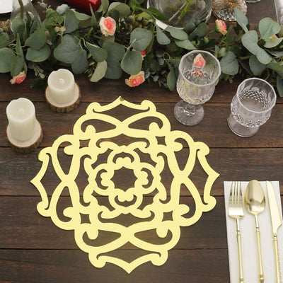 6-Pack Disposable Table Placemats 13" Metallic Gold Laser Cut Flower Design - 700GSM Cardboard Placemats for Upscale Occasions