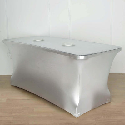Stretch Spandex Rectangle Tablecloth 72"x30" Metallic Silver - Dazzling Form-Fitting Table Cover