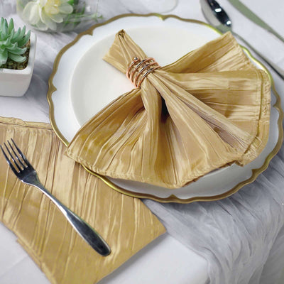 5 Pack Taffeta Napkins 20"x20" Gold Accordion Crinkle Style Cloth Napkins for Luxurious Events