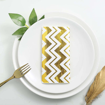 20-Pack Paper Dinner Napkins 3 Ply Metallic Gold with Chevron Design - Disposable Wedding Cocktail Napkins