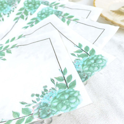 20-Pack Paper Dinner Napkins 2 Ply White/Green with Floral Design 6.5"x6.5" - Disposable Beverage Napkins for Parties