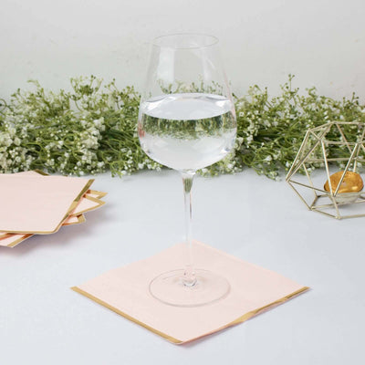 50-Pack Paper Beverage Napkins 2 Ply Blush with Gold Foil Edge 6.5"x6.5" - Soft Disposable Cocktail Napkins