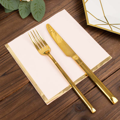 50-Pack Paper Beverage Napkins 2 Ply Blush with Gold Foil Edge 6.5"x6.5" - Soft Disposable Cocktail Napkins