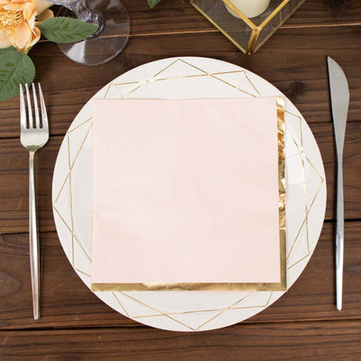 50-Pack Paper Beverage Napkins 2 Ply Blush with Gold Foil Edge 6.5"x6.5" - Soft Disposable Cocktail Napkins