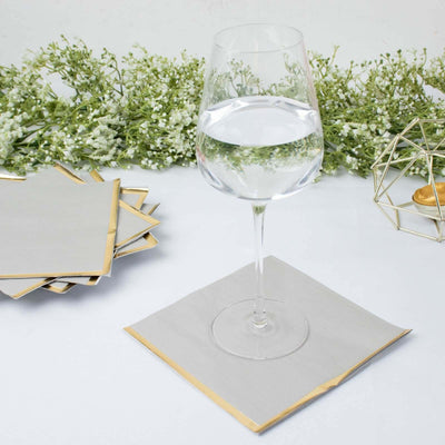 50-Pack Paper Beverage Napkins 2 Ply Gray with Gold Foil Edge 6.5"x6.5" - Soft Disposable Cocktail Napkins