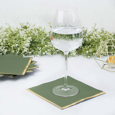 50-Pack Paper Beverage Napkins 2 Ply Olive Green with Gold Foil Edge 6.5"x6.5" - Soft Disposable Cocktail Napkins