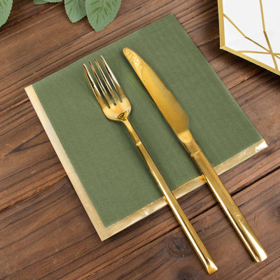 50-Pack Paper Beverage Napkins 2 Ply Olive Green with Gold Foil Edge 6.5"x6.5" - Soft Disposable Cocktail Napkins