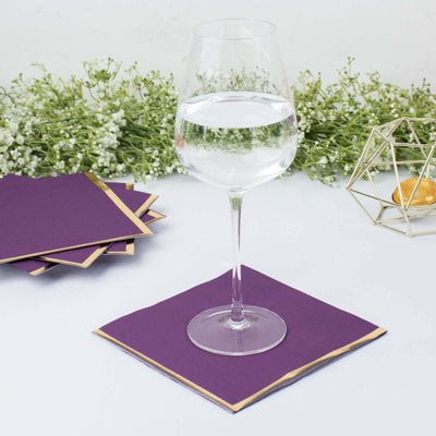 50-Pack Paper Beverage Napkins 2 Ply Purple with Gold Foil Edge 6.5"x6.5" - Soft Disposable Cocktail Napkins