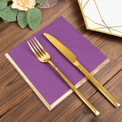 50-Pack Paper Beverage Napkins 2 Ply Purple with Gold Foil Edge 6.5"x6.5" - Soft Disposable Cocktail Napkins