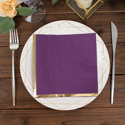 50-Pack Paper Beverage Napkins 2 Ply Purple with Gold Foil Edge 6.5"x6.5" - Soft Disposable Cocktail Napkins