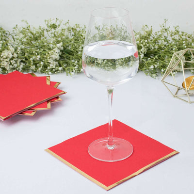 50-Pack Paper Beverage Napkins 2 Ply Red with Gold Foil Edge 6.5"x6.5" - Soft Disposable Cocktail Napkins