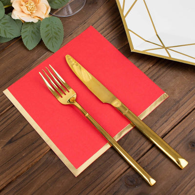 50-Pack Paper Beverage Napkins 2 Ply Red with Gold Foil Edge 6.5"x6.5" - Soft Disposable Cocktail Napkins